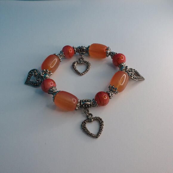 Women's Peach Clear Crystal beaded Bracelet, with little silver hearts - Picture 3 of 5